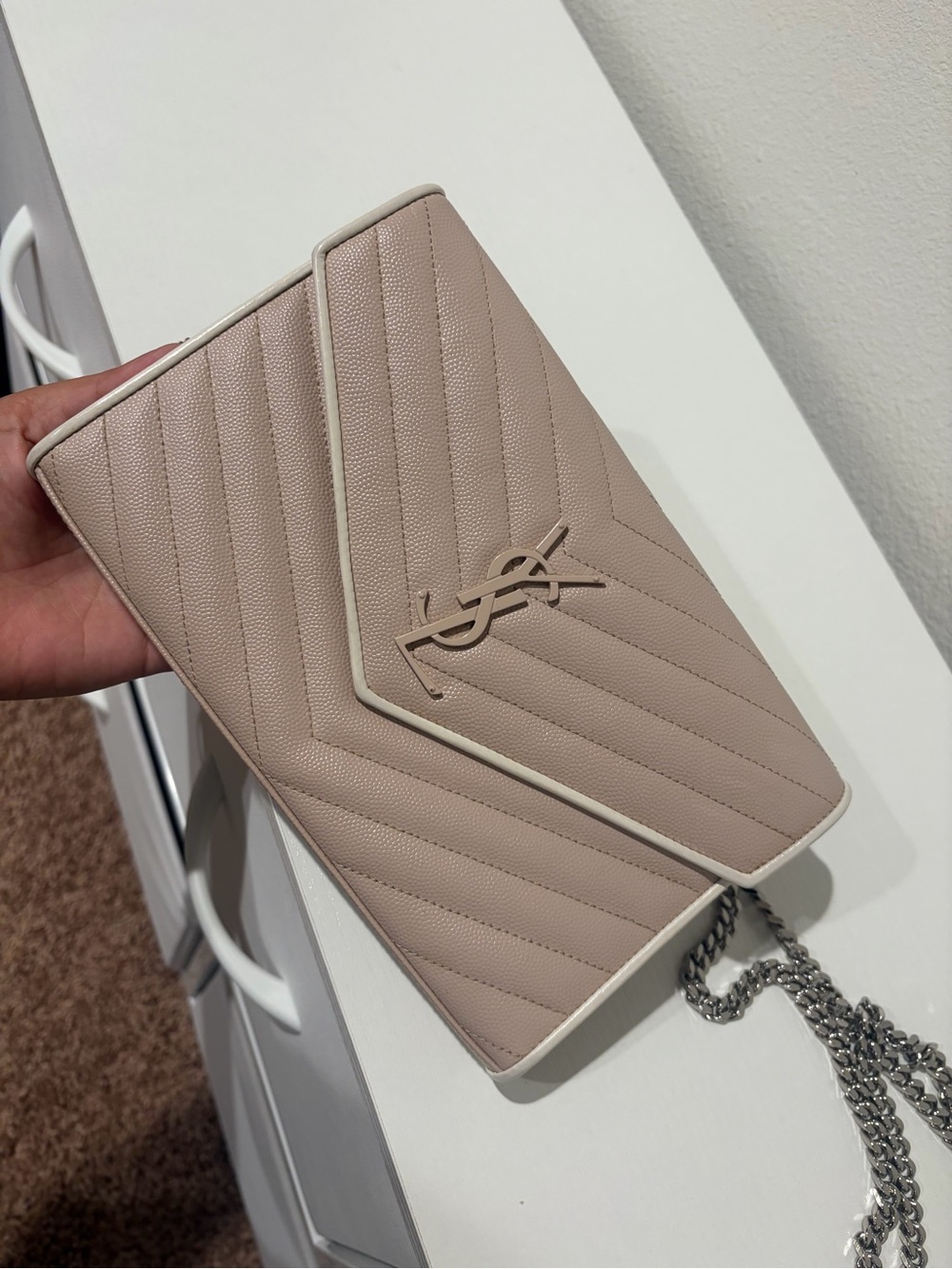 Saint Laurent Quilted Chain Crossbody - Pale Pink with Cream Trim